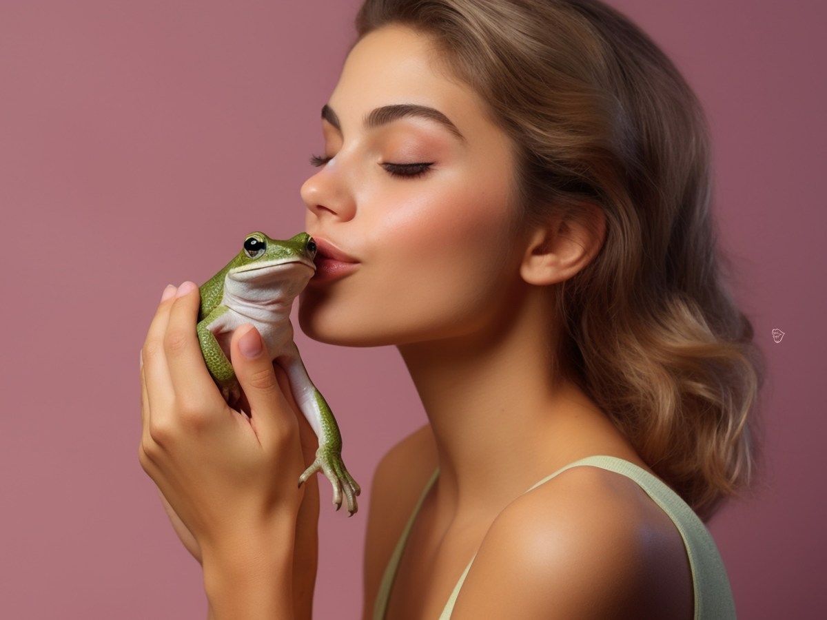 Frau die einen Frosch küsst vor einem pinken Hintergrund