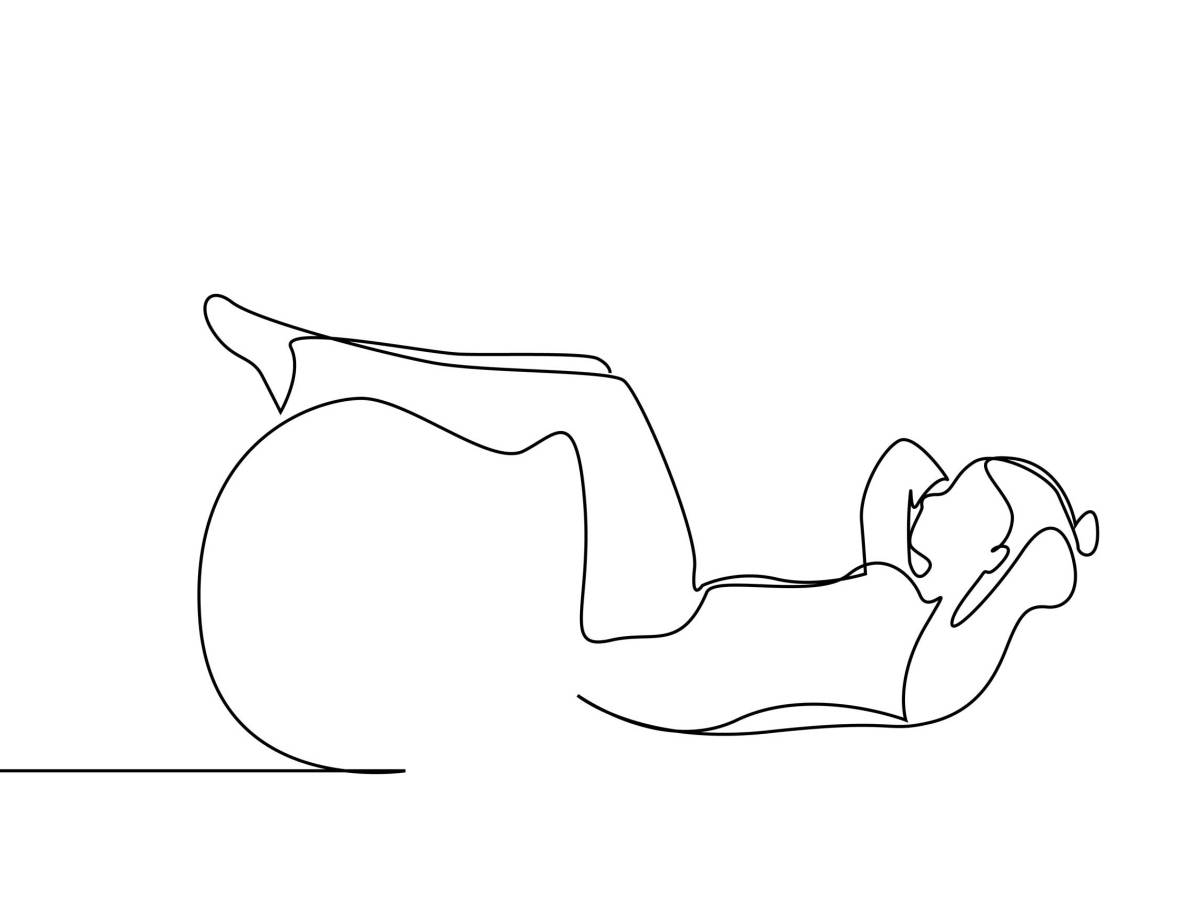 Einfache Linienzeichnung einer Person, die auf dem Rücken liegt, mit angewinkelten Beinen, die auf einem Gymnastikball ruhen.