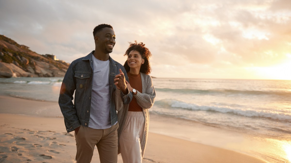 Mann und Frau am Strand, die gemeinsam am Strand im Sonnenuntergang entlang laufen