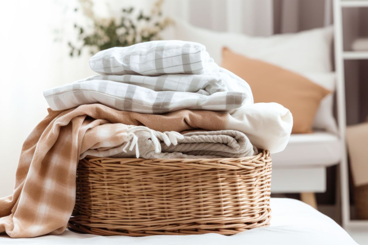 Ein Wäschekorb mit frisch gewaschener Bettwäsche.