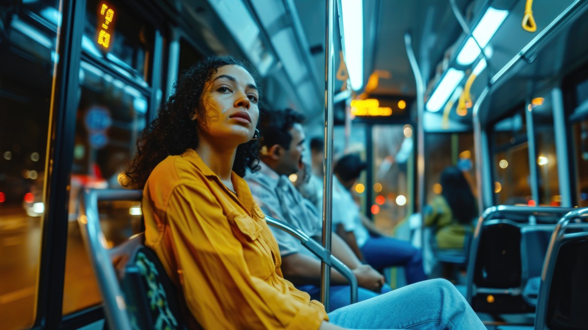 Frau in einem Bus in der Nacht, die misstrauisch zur Seite schaut