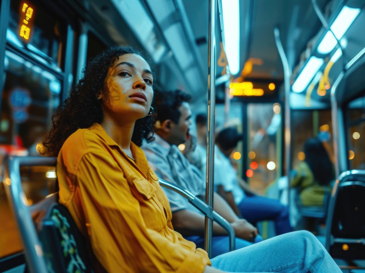 Frau in einem Bus in der Nacht, die misstrauisch zur Seite schaut