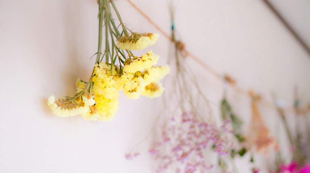 Getrocknete Blumen hängen an Bändern von der Decke.