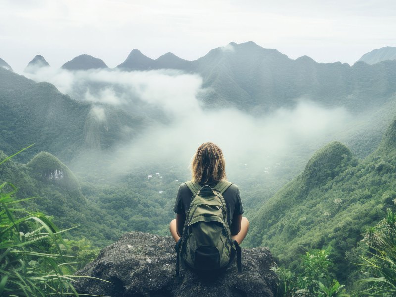 Frau sitzt mit Rucksack auf einer Berghöhe und schaut ins Tal