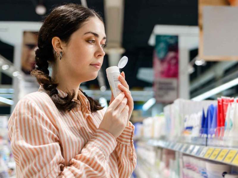 Junge Frau mit dunklen Haaren steht im Supermarkt und riecht an einem Shampoo.