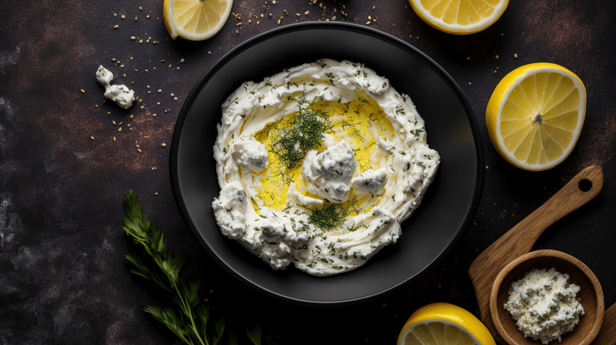 Aufgeschlagener Feta mit Olivenöl und Kräuter.