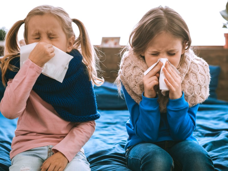 Zwei Geschwister sitzen auf dem Bett und putzen sich die Nase, Kranke Kinder