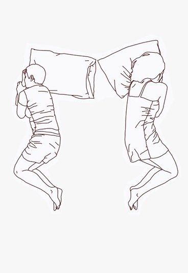 Zeichnung von Frau und Mann, die auf Kissen im Bett schlafen und sich voneinander wegdrehen