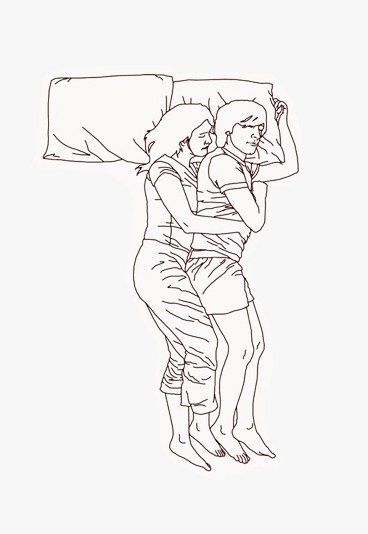 Zeichnung von Frau und Mann im Bett, die hintereinander liegen und sich umarmen