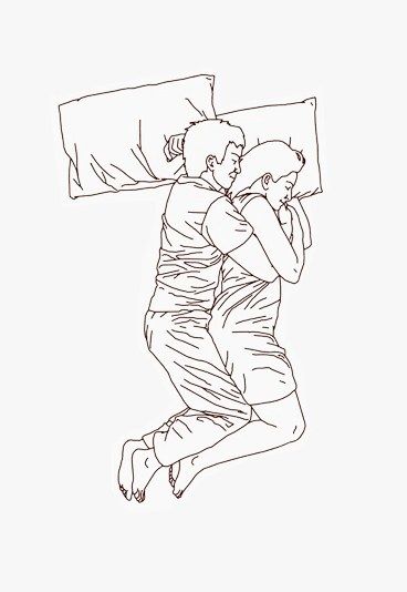 Zeichnung von Frau und Mann im Bett, die in Löffelchefposition liegen