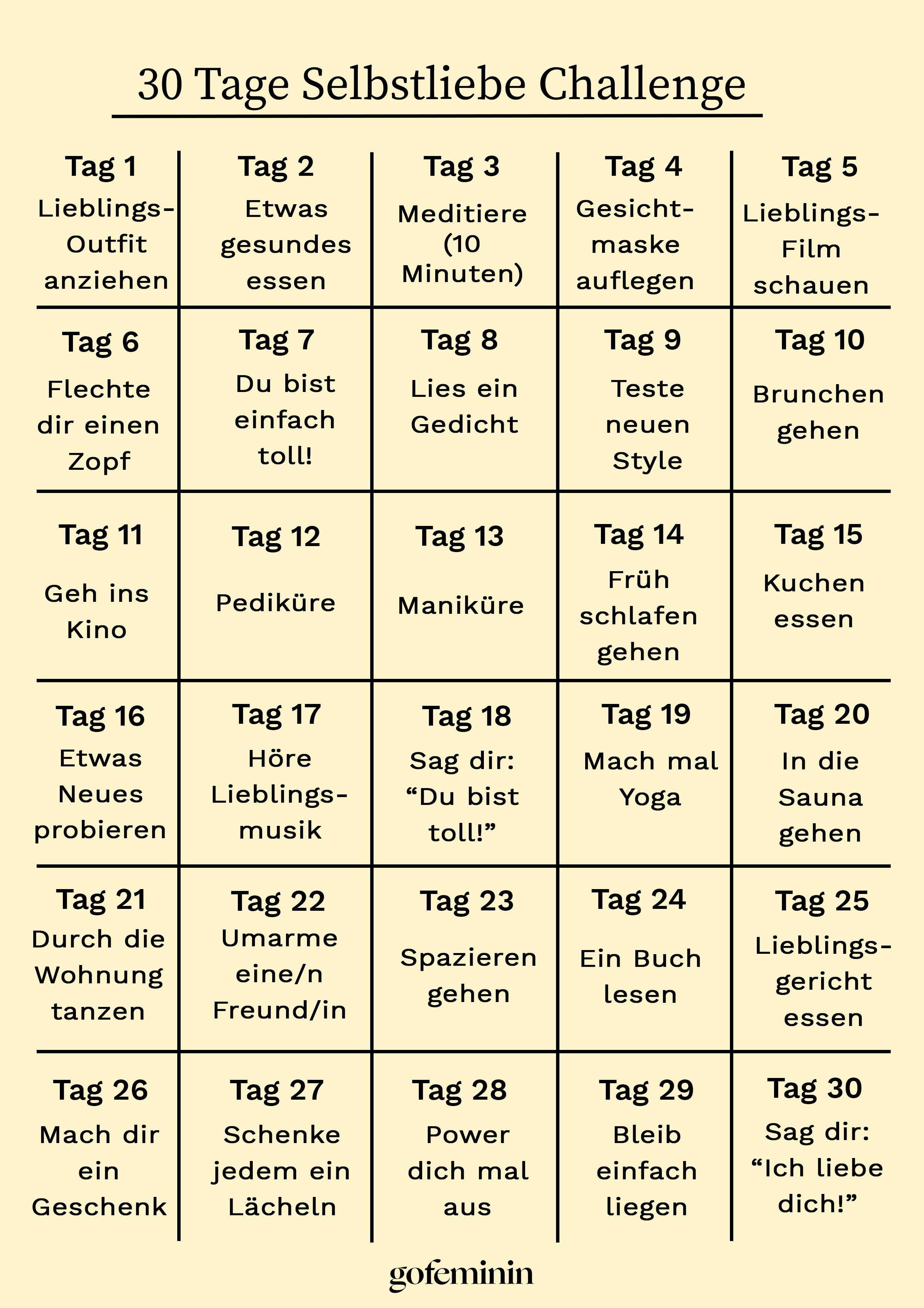 Selbstliebe lernen: Die 30-Tage-Wohlfühl-Challenge - gofeminin