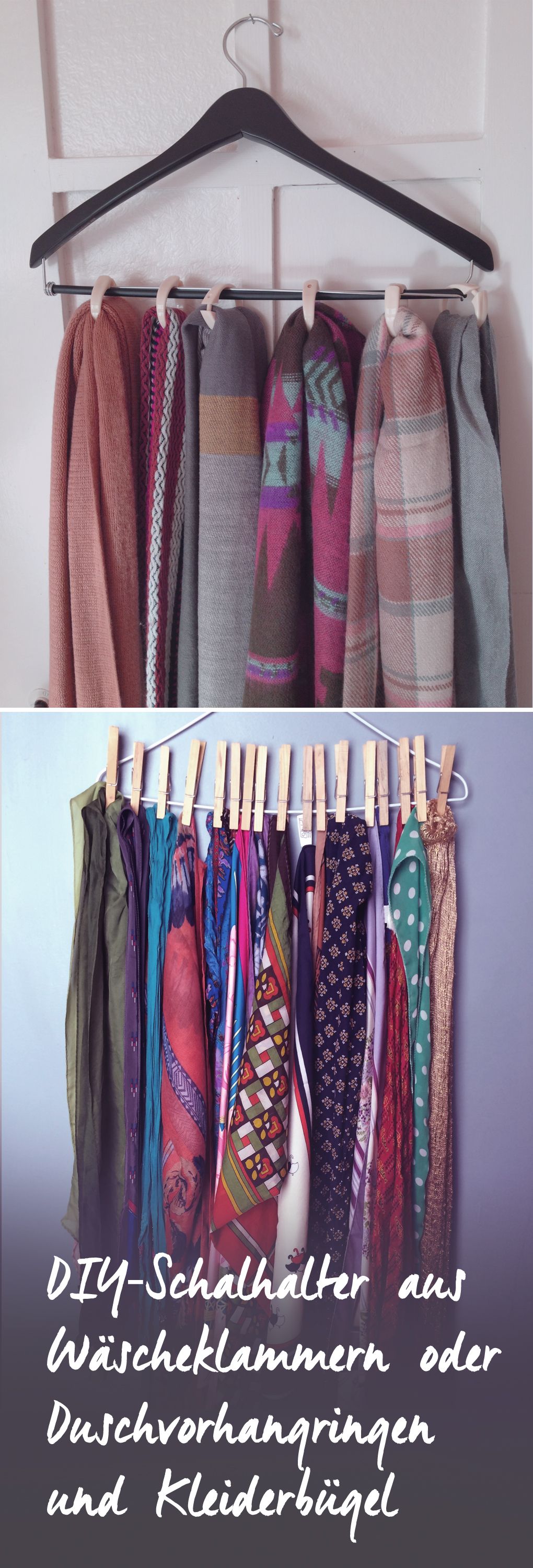 DIY-Schalhalter aus Kleiderbügeln und Wäscheklammern oder Duschvorhangringen