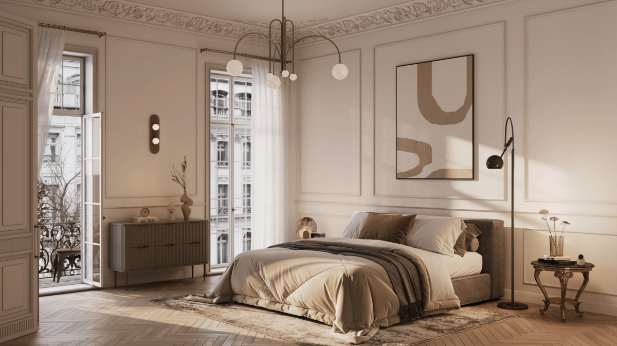 Elegantes Schlafzimmer in neutralen Brauntönen.