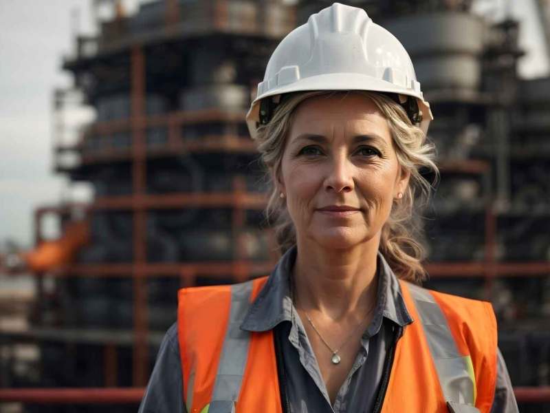 Blonde Frau mittleren Alters mit Schutzkleidung auf einer Baustelle.