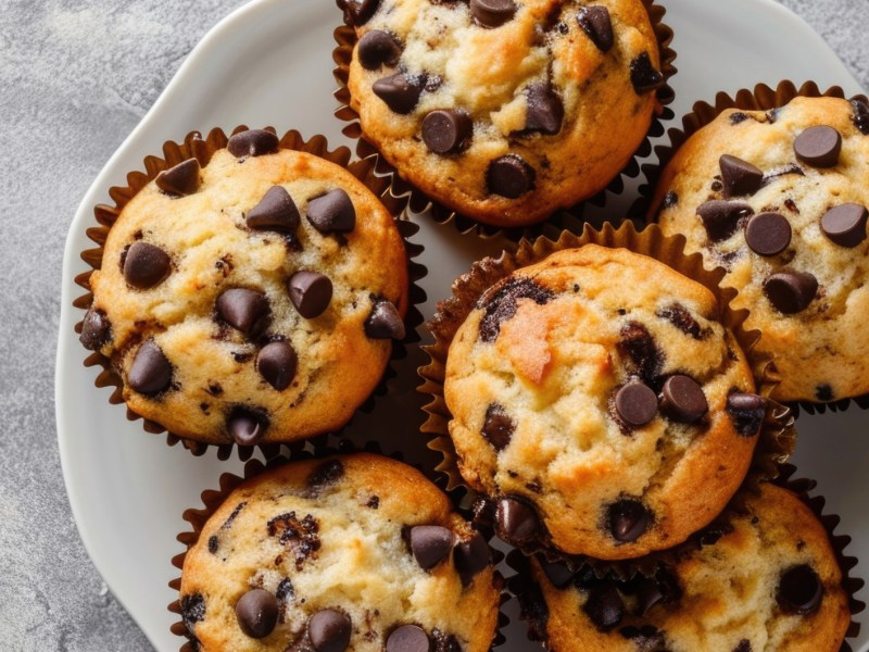 Muffins mit Schokostückchen auf weißem Teller.