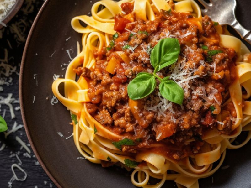 Pasta mit veganer Linsenbolognese auf einem dunklen Teller.