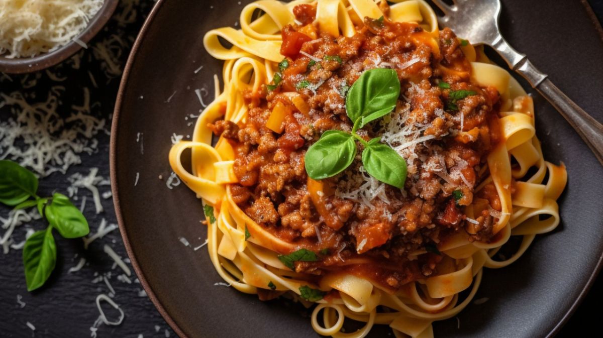 Pasta mit veganer Linsenbolognese auf einem dunklen Teller.