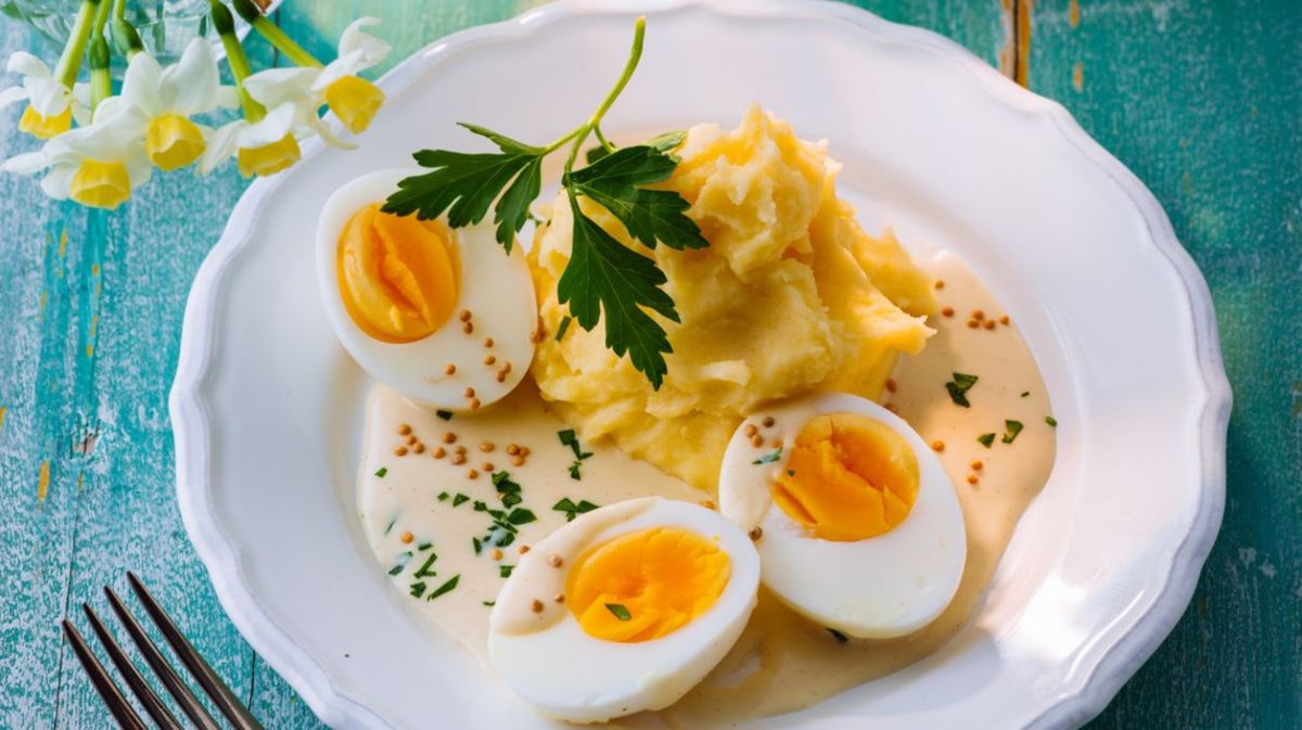 Hart gekochte Eier mit Senfsoße und Kartoffelpüree auf weißem Teller.