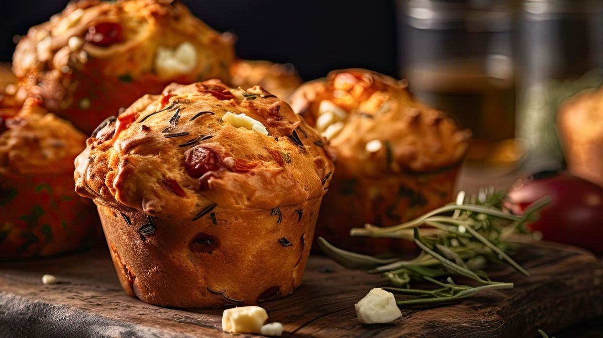 Tomaten-Feta-Muffins auf einem Holzbrett