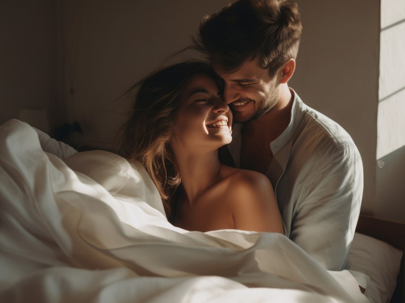 Mann und Frau im Bett zwischen weißen Laken, die sich verliebt anschauen