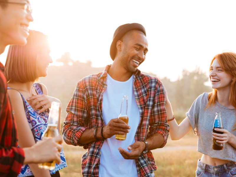 Vier Freunde auf Wiese im Sonnenuntergang