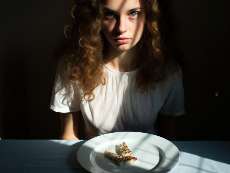 Frau vor einem Teller mit Essen, die mit einem ernsten Blick in die Kamera guckt und von der Seite mit Sonnenstrahlen angeleuchtet wird.