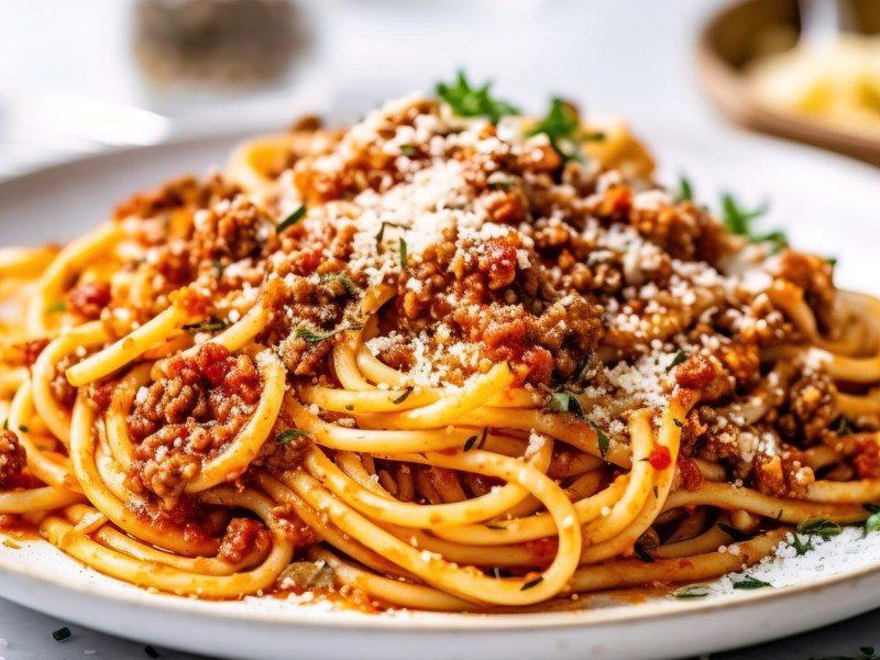 Spaghetti Bolognese auf weißem Teller.