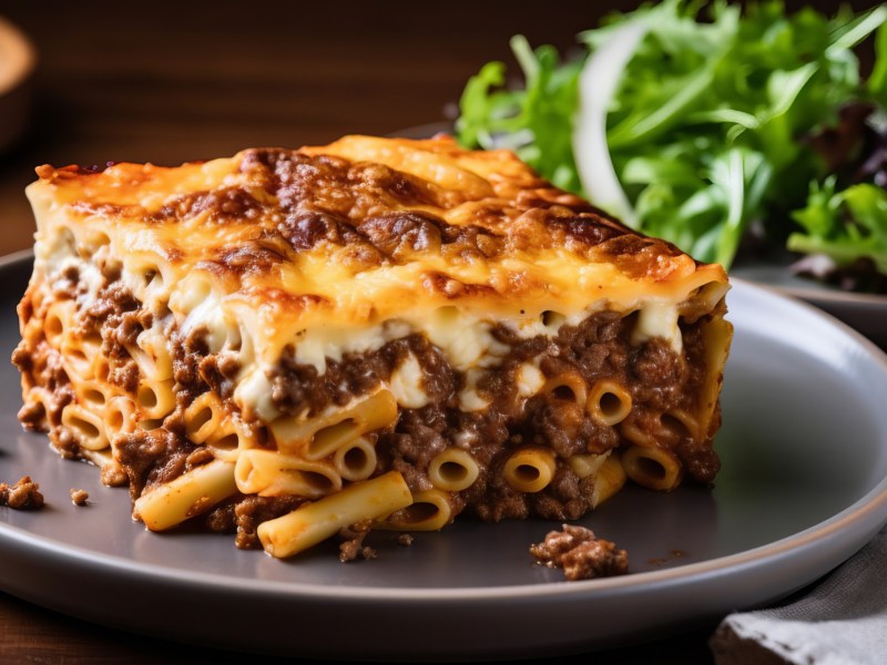 Auflauf mit Nudeln, Hackfleisch und Bechamel auf Teller.