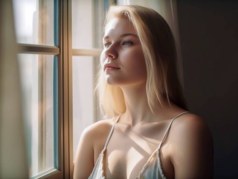 Blonde Frau blickt nachdenklich aus dem Fenster