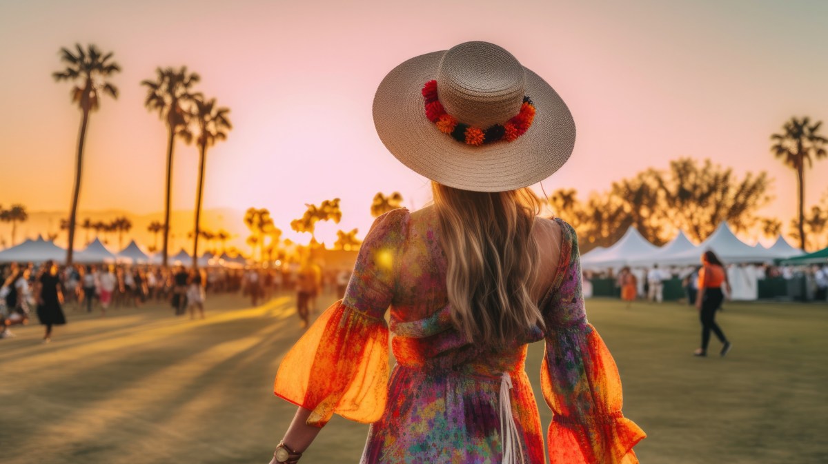 Frau bei Coachella in bunten Outfit mit Hut