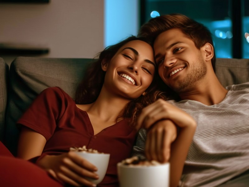 Frau und Mann auf Couch am Lachen mit Popcorn in der Hand
