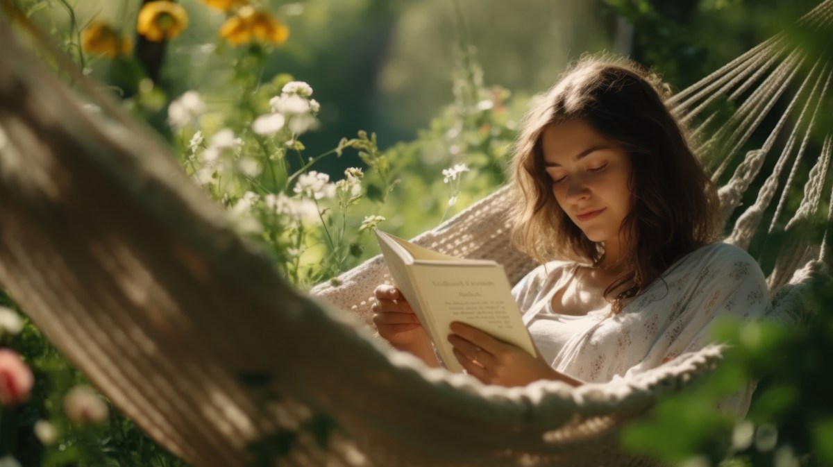 Frau hängt in Hängematte und liest Buch