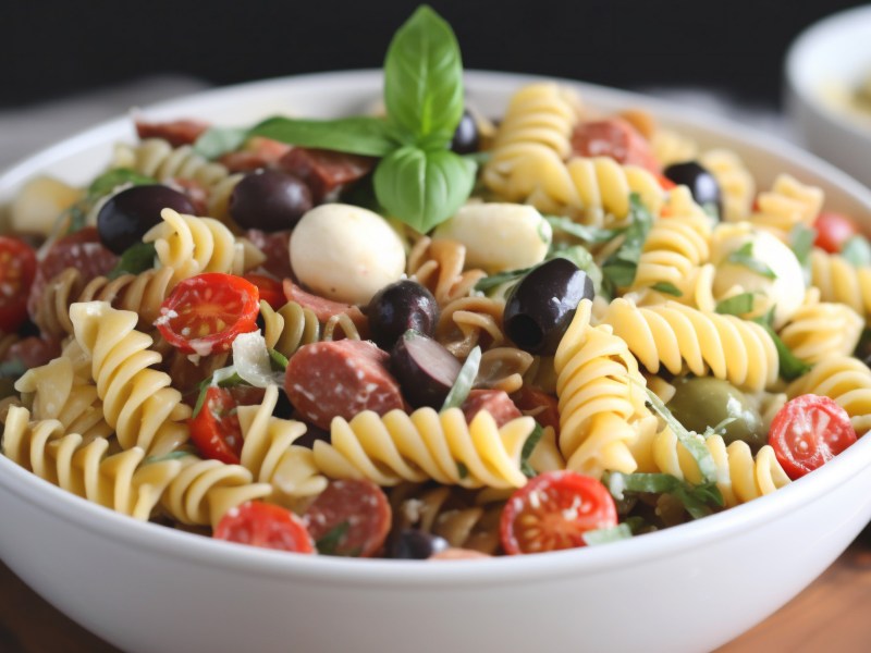 Nudelsalat mit Oliven, Tomaten und Mozzarella.