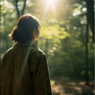 Dark-haired woman in the forest surrounded by many trees while the sun's rays are shining between them