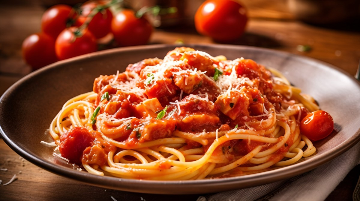 Spaghetti mit Tomatensauce und Speck.