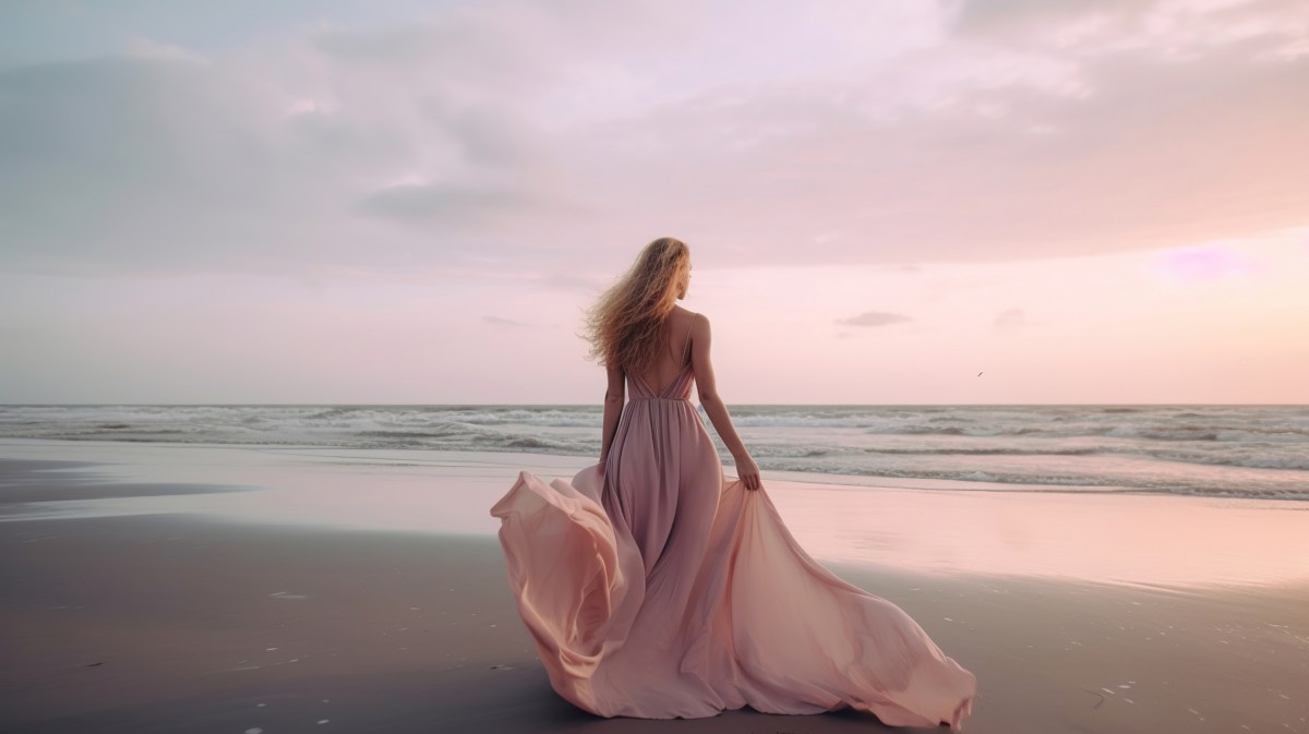 Frau in langem, rosa Kleid, die am Strand entlang geht in Richtung Meer