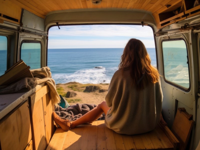 Frau in einem Van, die im Kofferraum in einem T-Shirt sitzt und auf das Meer und die Klippen schaut