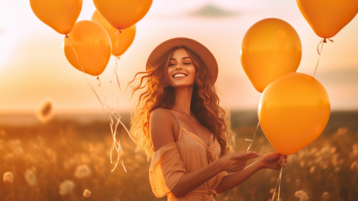 Frau auf einem Feld im Kleid, die orangene Ballons in der Hand hält und mit einem Stroh-Hut auf dem Kopf in die Kamera lächelt