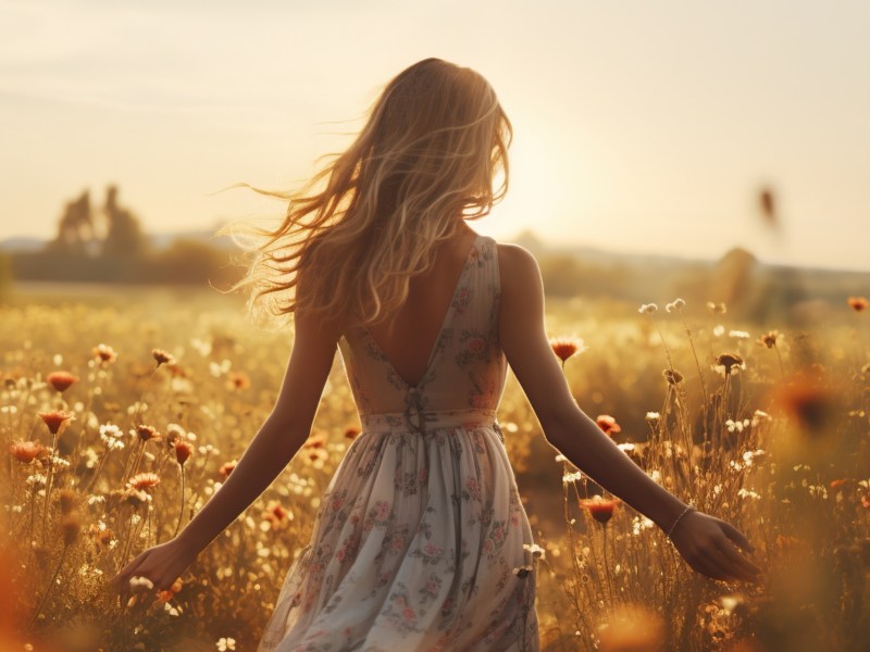 Frau in einem Feld voller Blumen im Sommer, die mit einem Kleid und langen blonden Haaren, die Gräser berührt