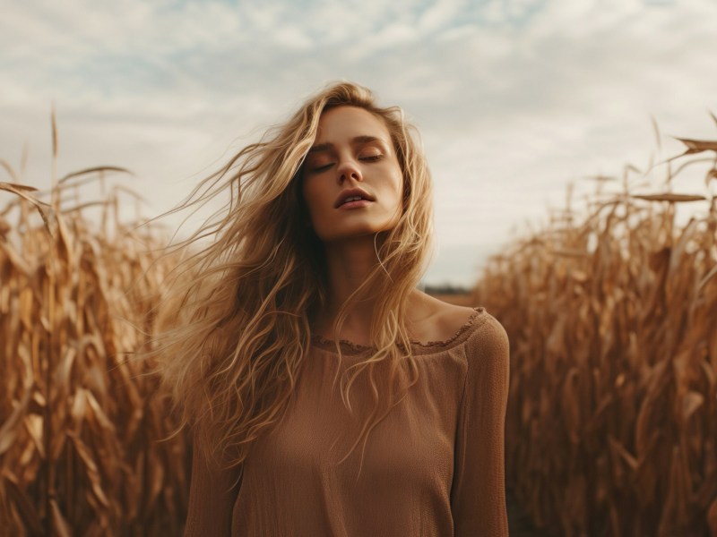 Frau in einem Kornfeld, die mitten im Weg steht und dessen blonden Haare im Wind wehen, während sie die Augen geschlossen hat
