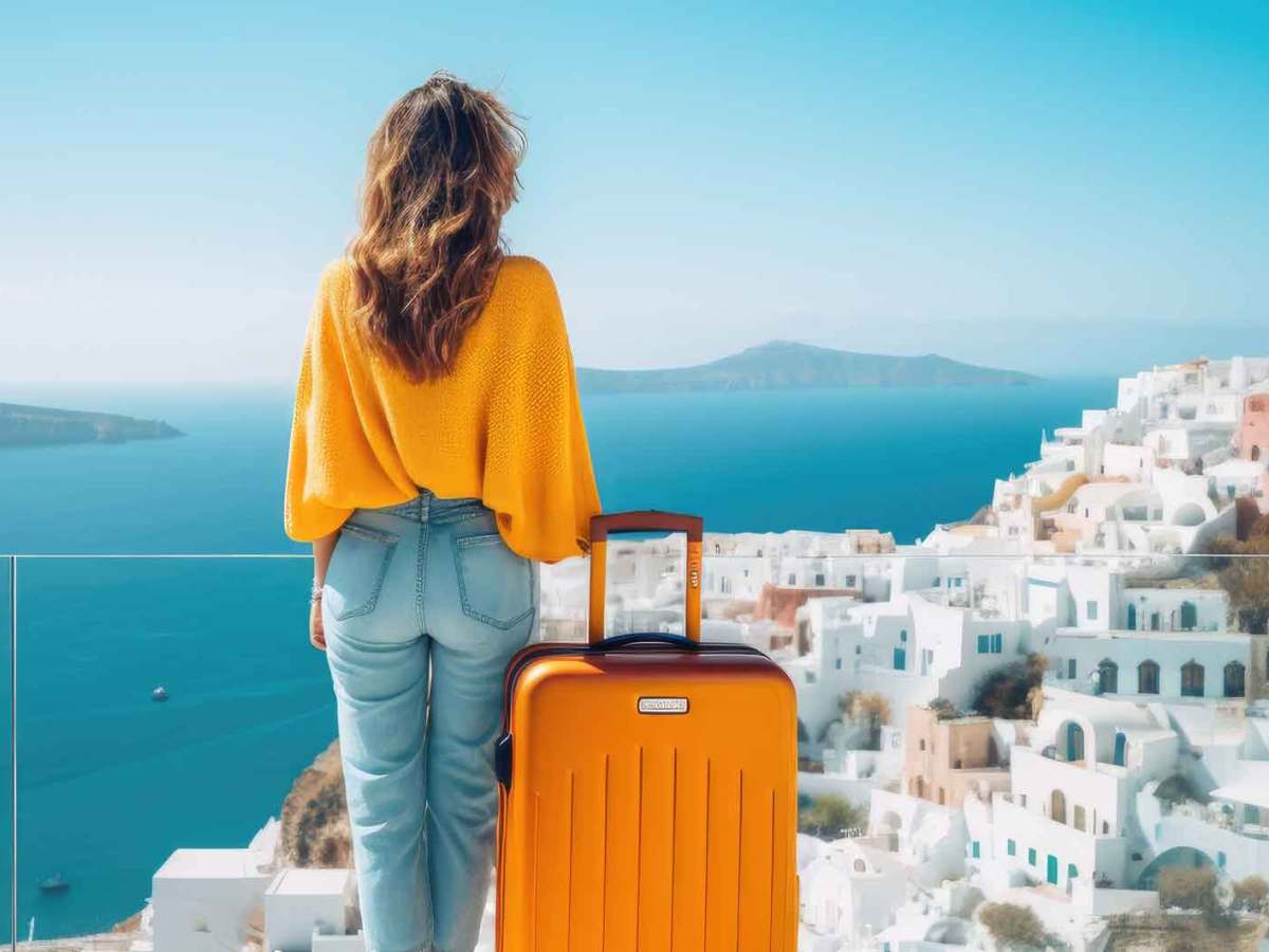 Junge Frau mit einem gelben Oberteil und einem gelben Koffer macht Urlaub auf einer griechischen Insel und steht vor einer tollen Urlaubskulisse mit dem Meer im Hintergrund.