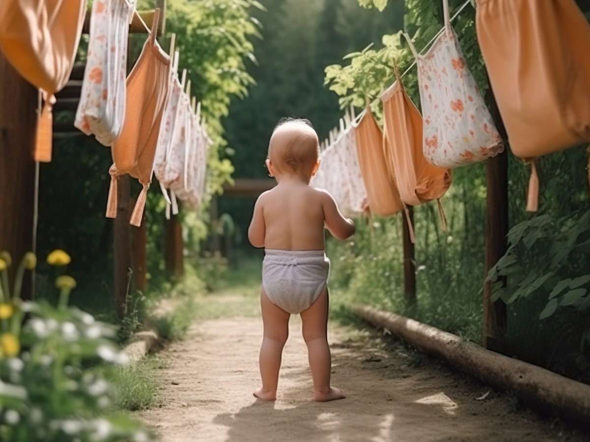Baby auf einem Weg zwischen einer Wäscheleine mit Windeln an