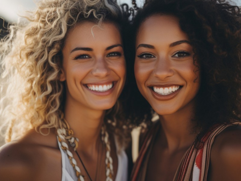 Zwei schöne Frauen stehen eng beieinander und lächeln.