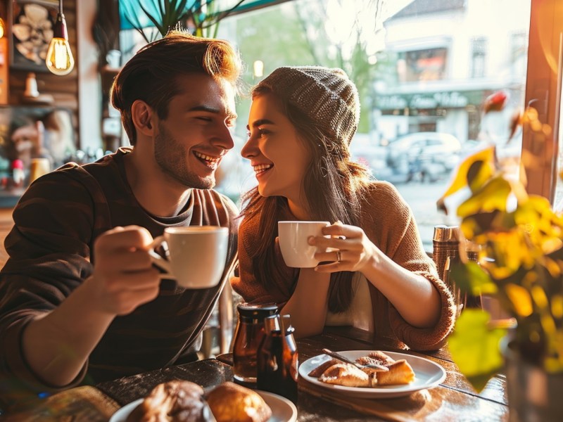 Frau und Mann auf einem Date im Café, die zwei Tassen hoch halten