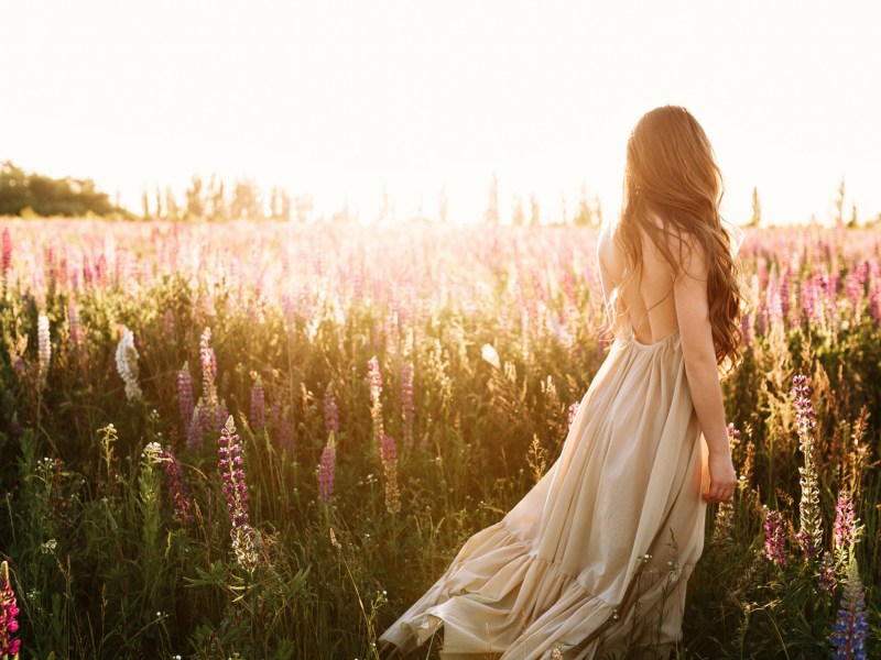 Frau auf einem Lavendelfeld mit einem langen weißen Kleid