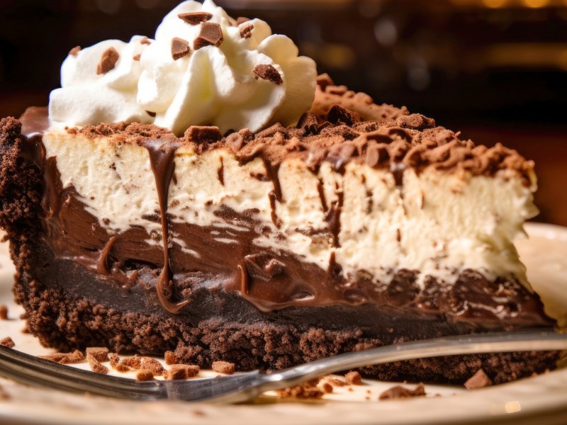 Schokokuchen mit Pudding und Sahne-Schicht auf hellem Teller.