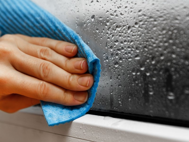 Luftfeuchtigkeit senken: Hand wischt Kondenswasser von Scheibe