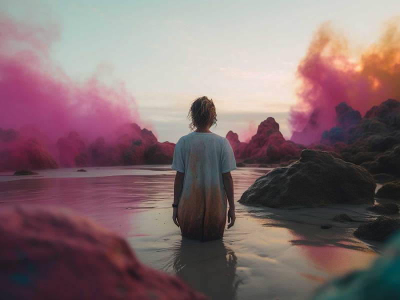 Einsame junge Frau am Strand bei Sonnenuntergang mit buntem Rauch um sie herum - KI generiert - Generative AI
