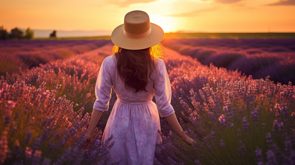 Frau im Lavendelfeld bei Sonnenuntergang