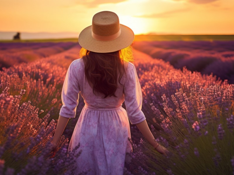 Frau im Lavendelfeld bei Sonnenuntergang